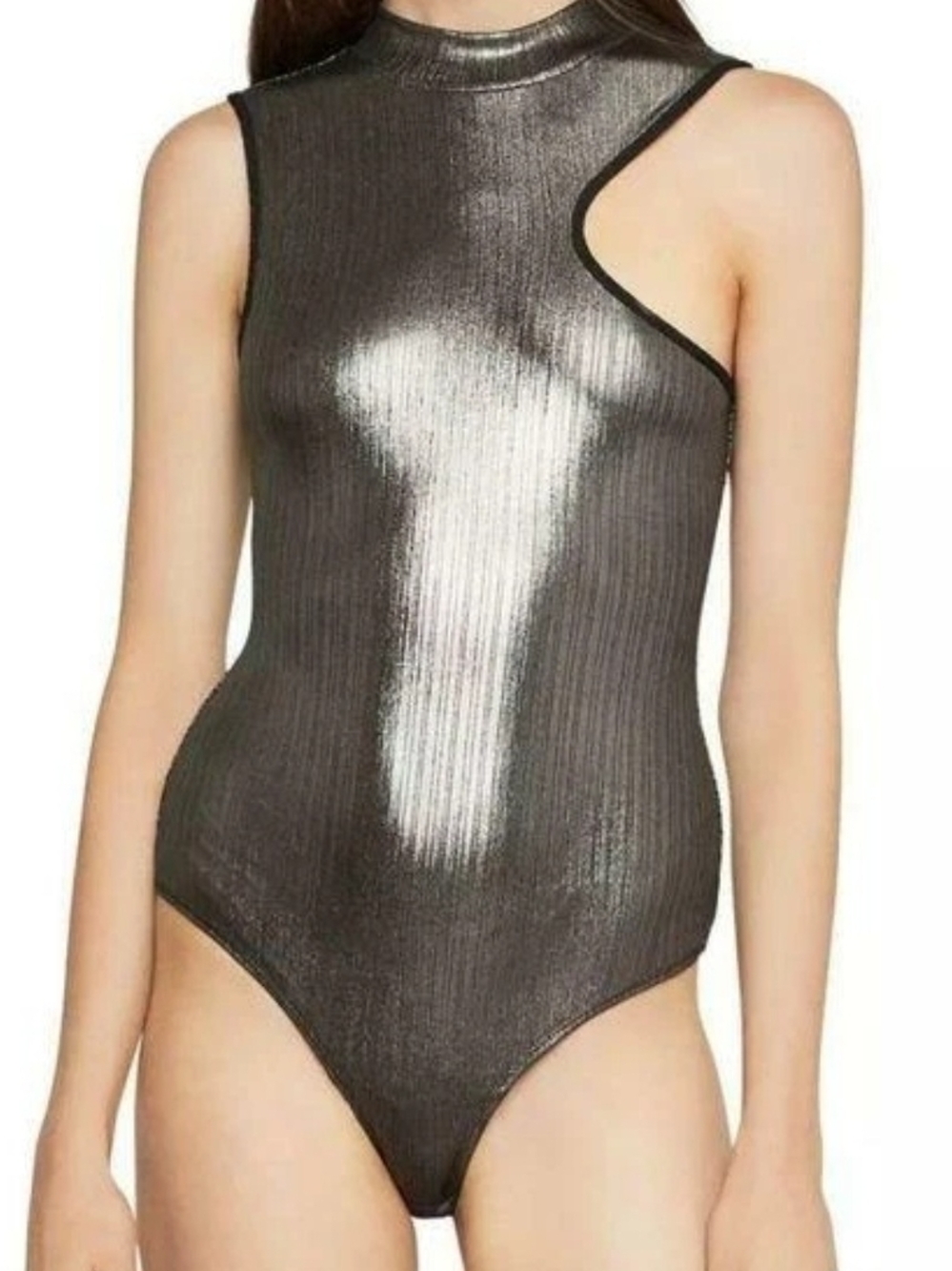 BCBGMaxAzria Metallic Ribbed Asymmetric Cutout Bodysuit - Silver